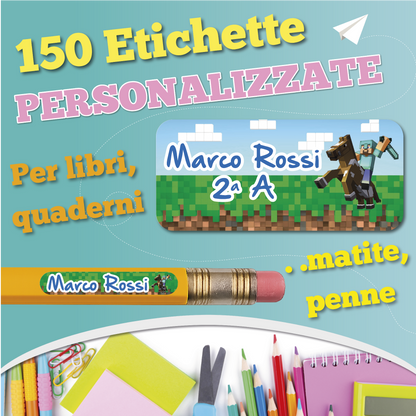 Etichette adesive scuola con nome e personaggio a scelta - kit 150 pezzi + Omaggio