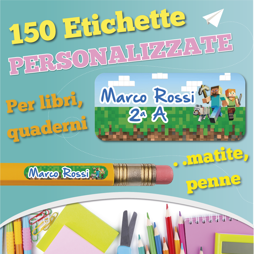 Etichette adesive scuola con nome e personaggio a scelta - kit 150 pezzi + Omaggio