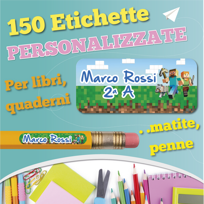 Etichette adesive scuola con nome e personaggio a scelta - kit 150 pezzi + Omaggio