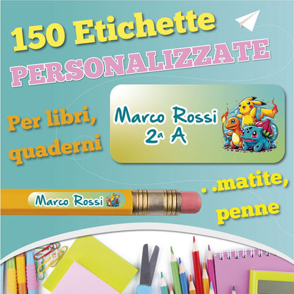 Etichette adesive scuola con nome e personaggio a scelta - kit 150 pezzi + Omaggio