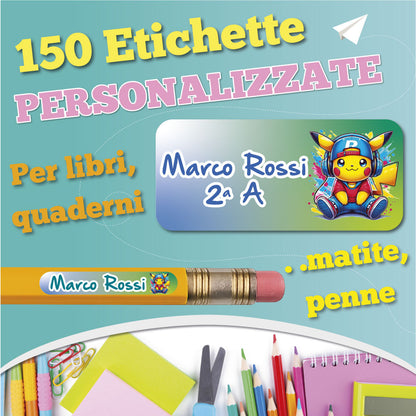 Etichette adesive scuola con nome e personaggio a scelta - kit 150 pezzi + Omaggio