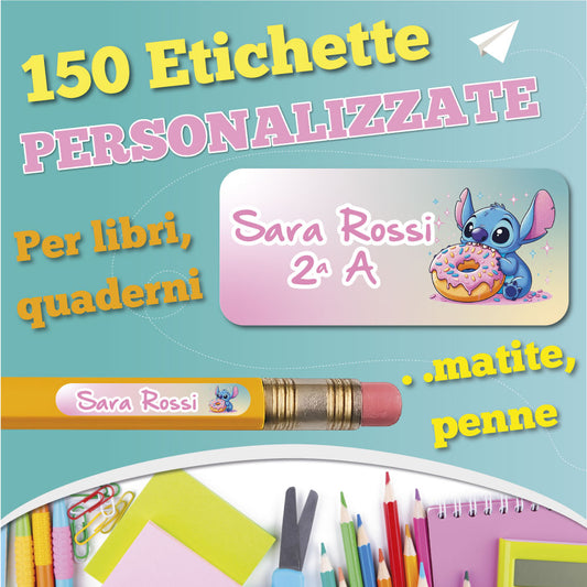 Etichette adesive scuola con nome e personaggio a scelta - kit 150 pezzi + Omaggio