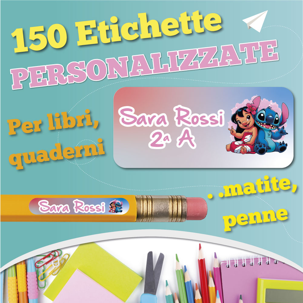 Etichette adesive scuola con nome e personaggio a scelta - kit 150 pezzi + Omaggio