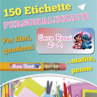 Etichette adesive scuola con nome e personaggio a scelta - kit 150 pezzi + Omaggio