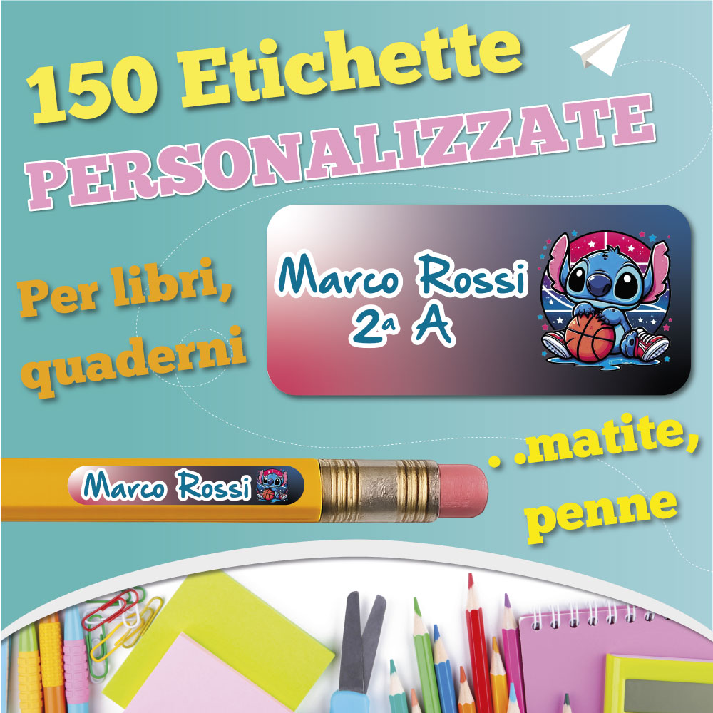 Etichette adesive scuola con nome e personaggio a scelta - kit 150 pezzi + Omaggio