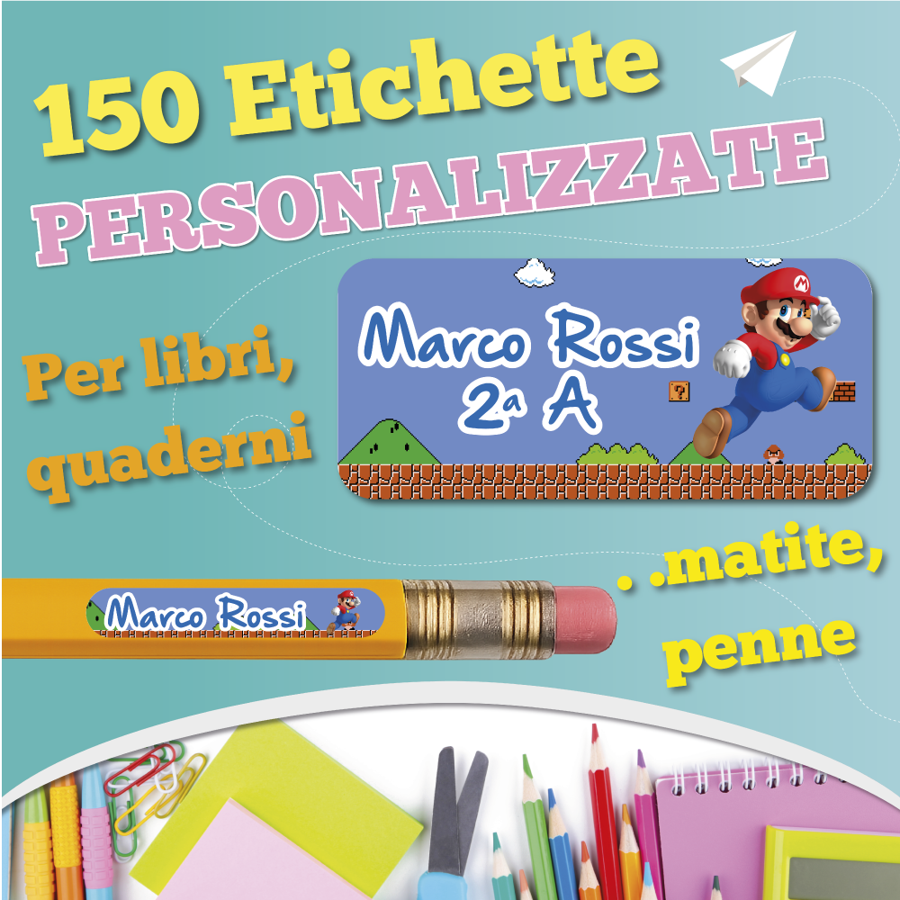 Etichette adesive scuola con nome e personaggio a scelta - kit 150 pezzi + Omaggio