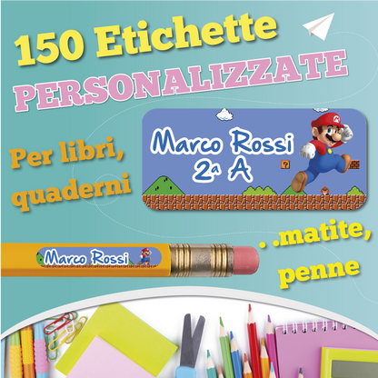 Etichette adesive scuola con nome e personaggio a scelta - kit 150 pezzi + Omaggio
