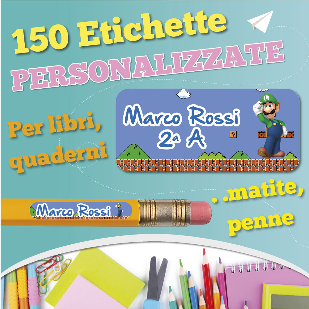 Etichette adesive scuola con nome e personaggio a scelta - kit 150 pezzi + Omaggio