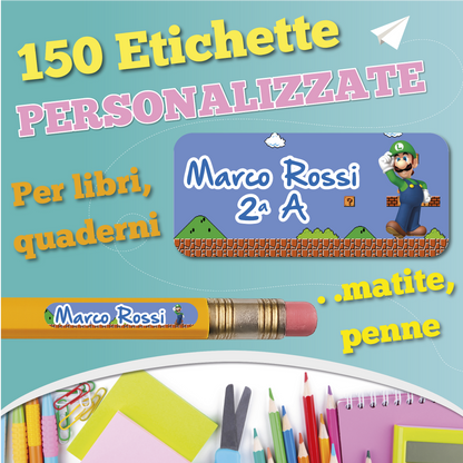 Etichette adesive scuola con nome e personaggio a scelta - kit 150 pezzi + Omaggio