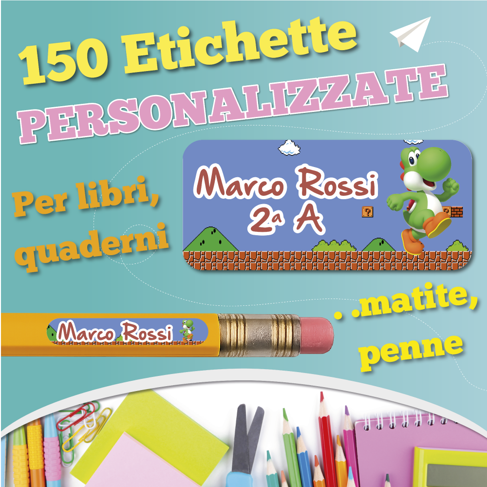 Etichette adesive scuola con nome e personaggio a scelta - kit 150 pezzi + Omaggio