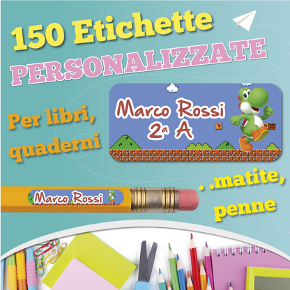 Etichette adesive scuola con nome e personaggio a scelta - kit 150 pezzi + Omaggio